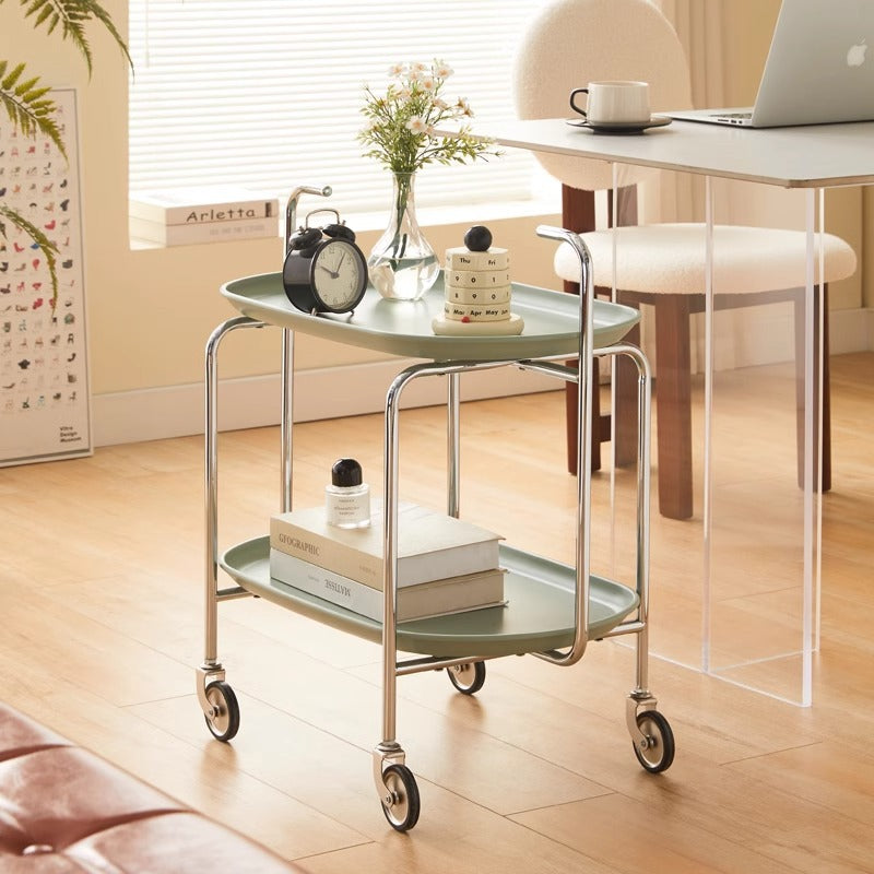 Contemporary Nordic ABS & Carbon Steel Oval Movable Side Table 2-Tier With Wheels & Handles For Living Room & Bedroom
