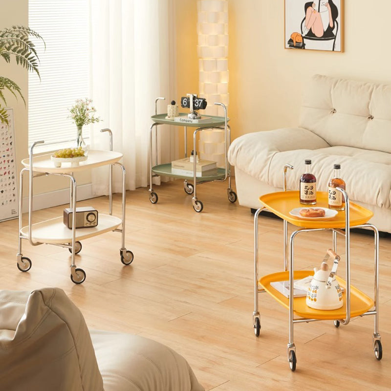 Contemporary Nordic ABS & Carbon Steel Oval Movable Side Table 2-Tier With Wheels & Handles For Living Room & Bedroom