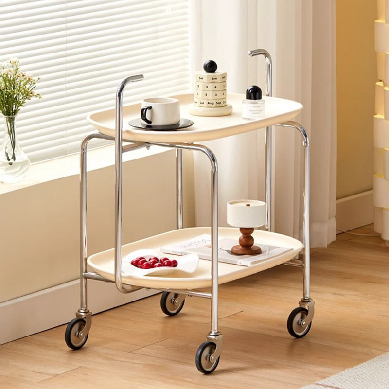Contemporary Nordic ABS & Carbon Steel Oval Movable Side Table 2-Tier With Wheels & Handles For Living Room & Bedroom