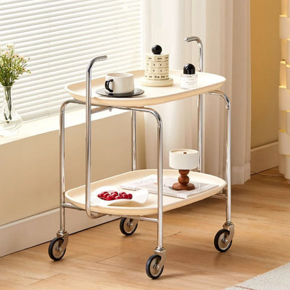 Contemporary Nordic ABS & Carbon Steel Oval Movable Side Table 2-Tier With Wheels & Handles For Living Room & Bedroom