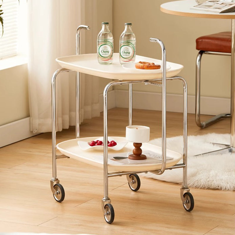 Contemporary Nordic ABS & Carbon Steel Oval Movable Side Table 2-Tier With Wheels & Handles For Living Room & Bedroom