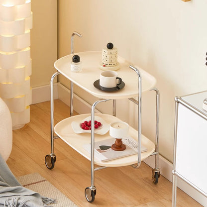 Contemporary Nordic ABS & Carbon Steel Oval Movable Side Table 2-Tier With Wheels & Handles For Living Room & Bedroom