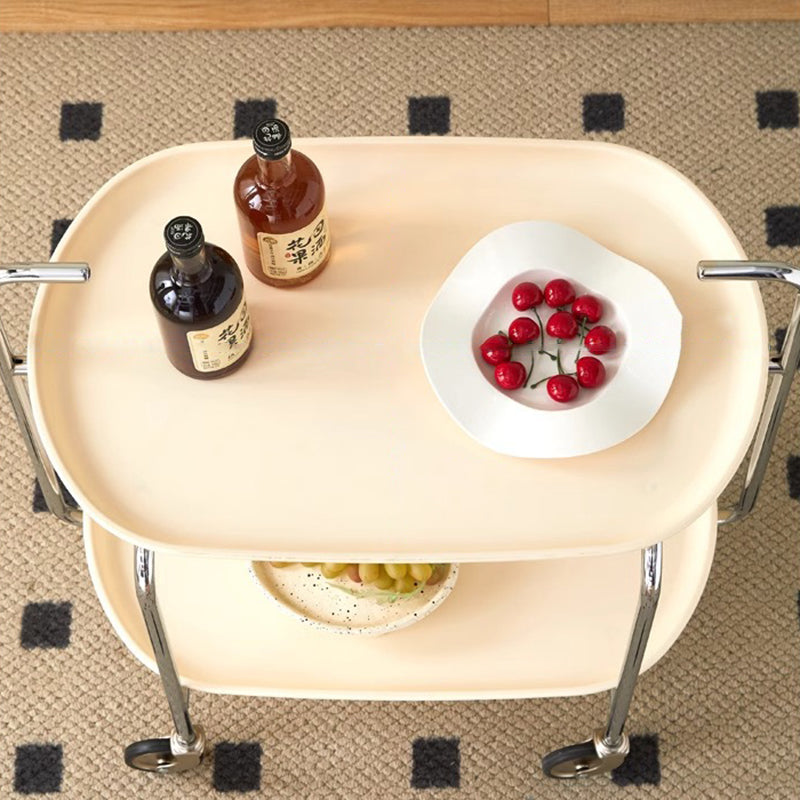 Contemporary Nordic ABS & Carbon Steel Oval Movable Side Table 2-Tier With Wheels & Handles For Living Room & Bedroom