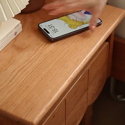 Traditional Japanese Cherry Wood Rectangular Wave-Design Nightstand With 1 Drawer Ideal For Bedroom Storage