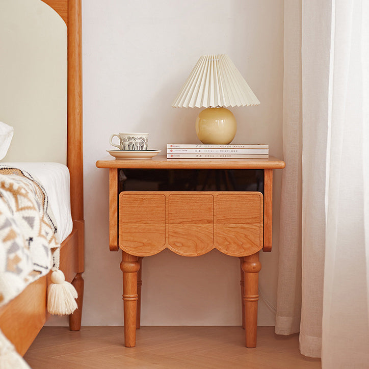 Traditional Japanese Cherry Wood Rectangular Wave-Design Nightstand With 1 Drawer Ideal For Bedroom Storage