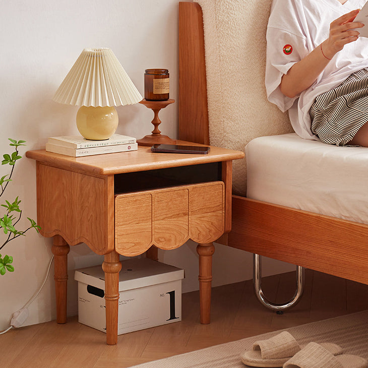 Traditional Japanese Cherry Wood Rectangular Wave-Design Nightstand With 1 Drawer Ideal For Bedroom Storage