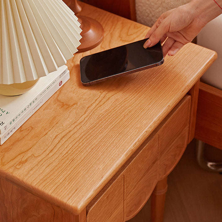 Traditional Japanese Cherry Wood Rectangular Wave-Design Nightstand With 1 Drawer Ideal For Bedroom Storage