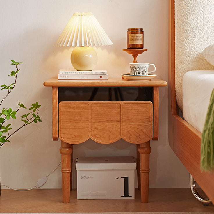 Traditional Japanese Cherry Wood Rectangular Wave-Design Nightstand With 1 Drawer Ideal For Bedroom Storage