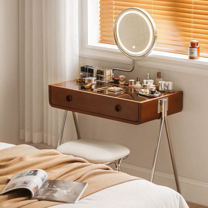 Contemporary Retro Solid Wood Stainless Steel & Glass Rectangular Makeup Vanity 1-Drawer Storage For Bedroom