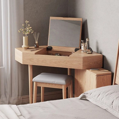 Contemporary Nordic Solid Wood Triangular Makeup Vanity & Stool Set With Mirror And Storage For Bedroom