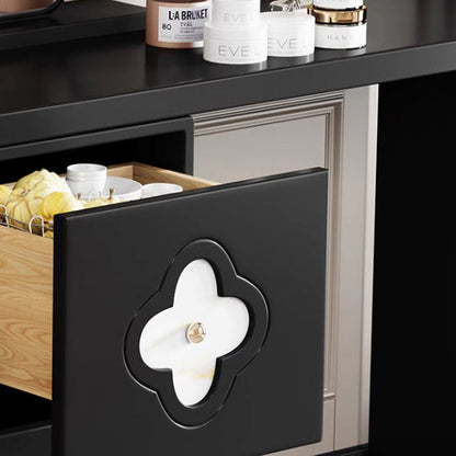 Traditional French Solid Wood Rectangular Clover Pattern Makeup Vanity & Chair Set With Mirror And 6 Drawers For Bedroom