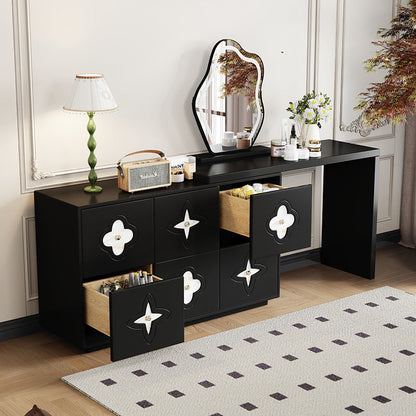 Traditional French Solid Wood Rectangular Clover Pattern Makeup Vanity & Chair Set With Mirror And 6 Drawers For Bedroom