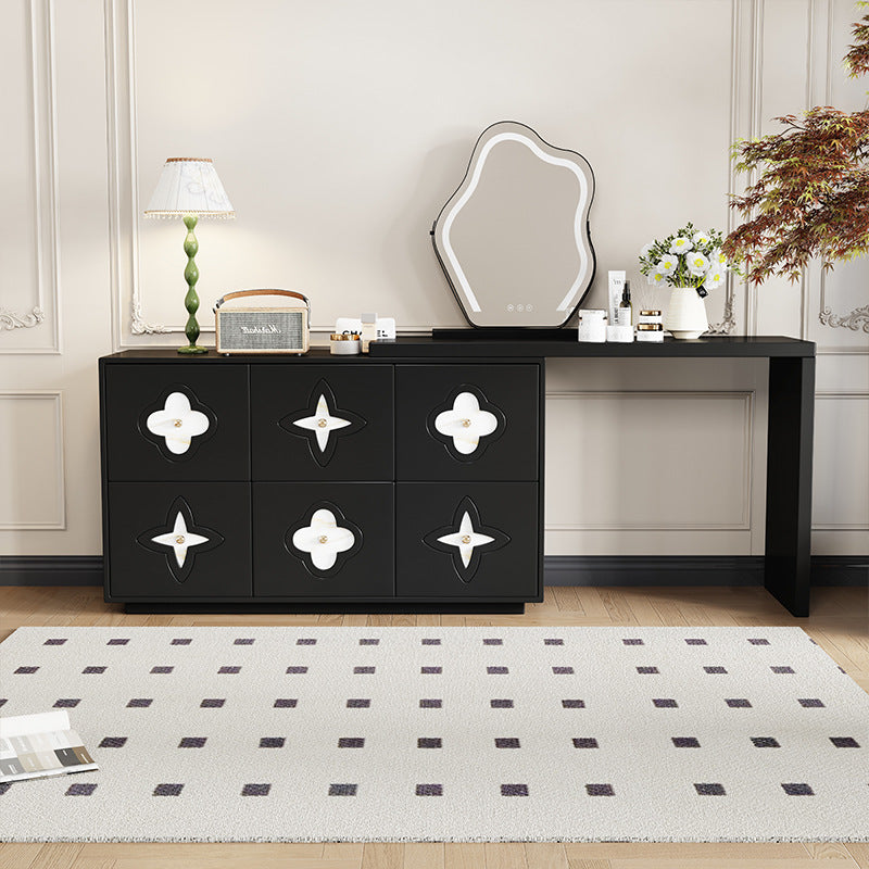 Traditional French Solid Wood Rectangular Clover Pattern Makeup Vanity & Chair Set With Mirror And 6 Drawers For Bedroom