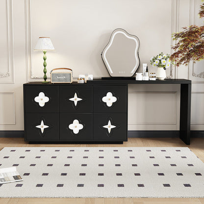 Traditional French Solid Wood Rectangular Clover Pattern Makeup Vanity & Chair Set With Mirror And 6 Drawers For Bedroom