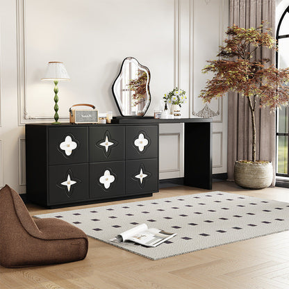 Traditional French Solid Wood Rectangular Clover Pattern Makeup Vanity & Chair Set With Mirror And 6 Drawers For Bedroom