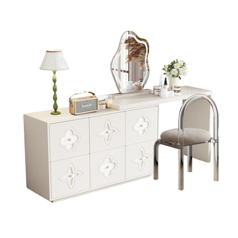 Traditional French Solid Wood Rectangular Clover Pattern Makeup Vanity & Chair Set With Mirror And 6 Drawers For Bedroom