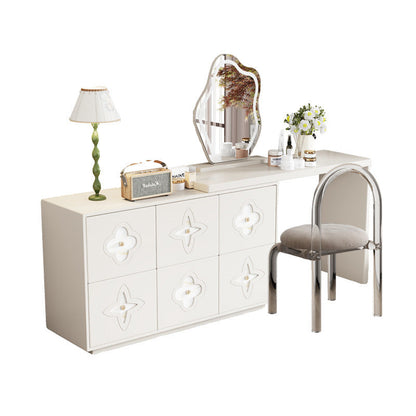 Traditional French Solid Wood Rectangular Clover Pattern Makeup Vanity & Chair Set With Mirror And 6 Drawers For Bedroom