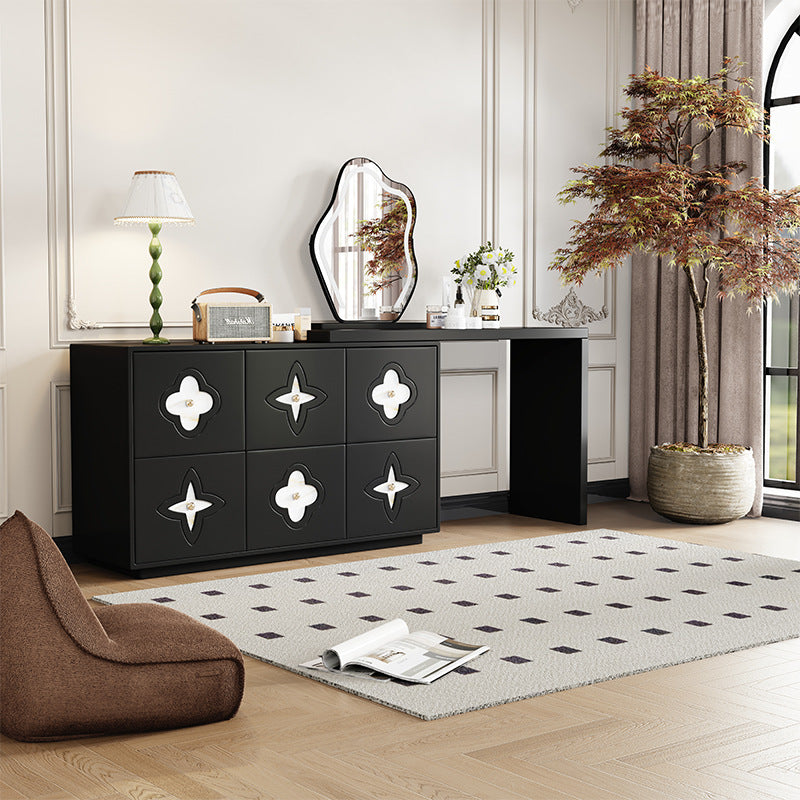 Traditional French Solid Wood Rectangular Clover Pattern Makeup Vanity & Chair Set With Mirror And 6 Drawers For Bedroom