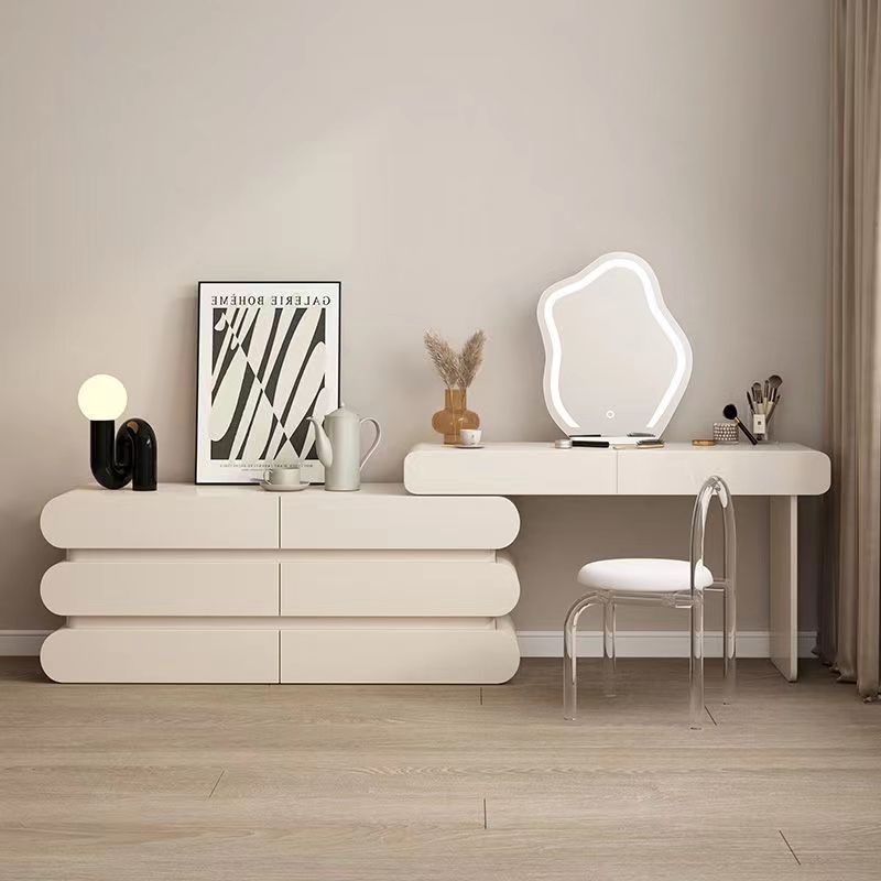 Traditional French Solid Wood Rectangular Clover Pattern Makeup Vanity & Chair Set With Mirror And 6 Drawers For Bedroom