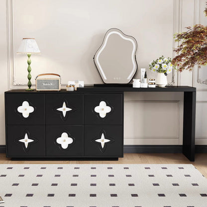Traditional French Solid Wood Rectangular Clover Pattern Makeup Vanity & Chair Set With Mirror And 6 Drawers For Bedroom