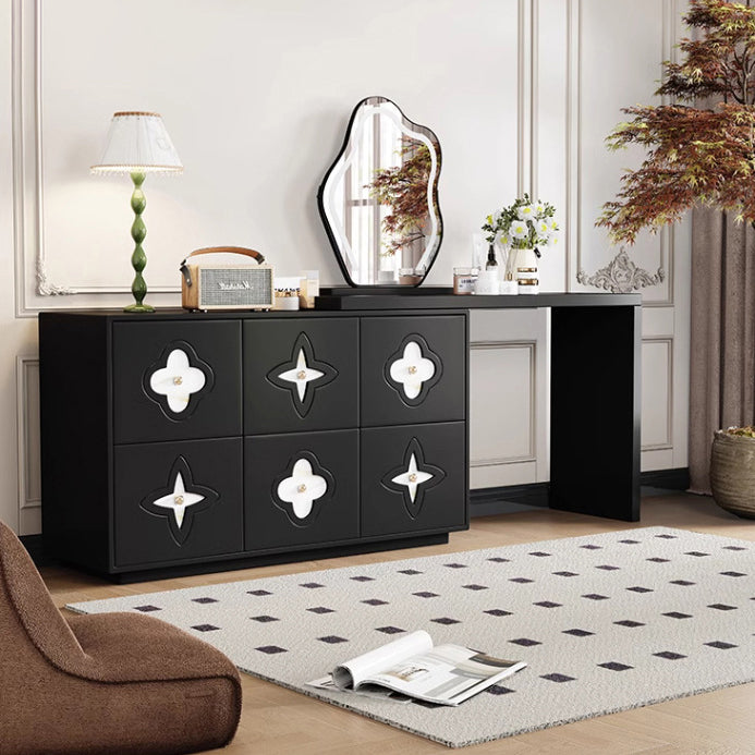 Traditional French Solid Wood Rectangular Clover Pattern Makeup Vanity & Chair Set With Mirror And 6 Drawers For Bedroom