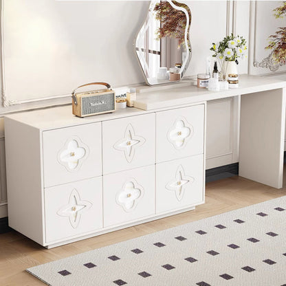 Traditional French Solid Wood Rectangular Clover Pattern Makeup Vanity & Chair Set With Mirror And 6 Drawers For Bedroom