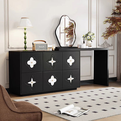 Traditional French Solid Wood Rectangular Clover Pattern Makeup Vanity & Chair Set With Mirror And 6 Drawers For Bedroom