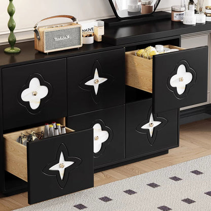 Traditional French Solid Wood Rectangular Clover Pattern Makeup Vanity & Chair Set With Mirror And 6 Drawers For Bedroom