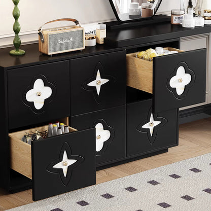 Traditional French Solid Wood Rectangular Clover Pattern Makeup Vanity & Chair Set With Mirror And 6 Drawers For Bedroom