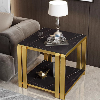 Contemporary Nordic Slab And Metal Square Side Table With 2 Tiers For Living Room