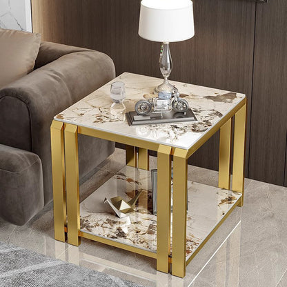 Contemporary Nordic Slab And Metal Square Side Table With 2 Tiers For Living Room