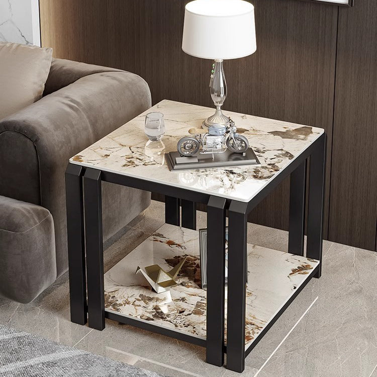 Contemporary Nordic Slab And Metal Square Side Table With 2 Tiers For Living Room