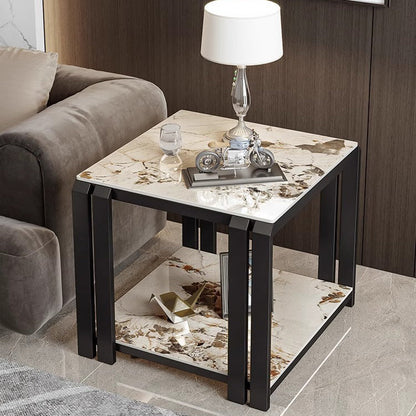 Contemporary Nordic Slab And Metal Square Side Table With 2 Tiers For Living Room