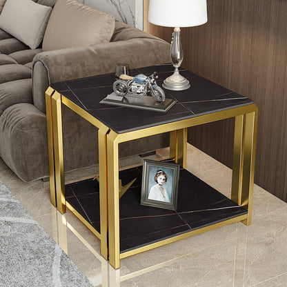 Contemporary Nordic Slab And Metal Square Side Table With 2 Tiers For Living Room