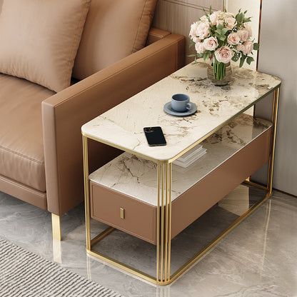 Modern Luxury Porcelain Slab Microfiber Leather Carbon Steel Rectangular Side Table With 2 Tiers And 1 Drawer For Living Room And Bedroom