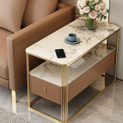Modern Luxury Porcelain Slab Microfiber Leather Carbon Steel Rectangular Side Table With 2 Tiers And 1 Drawer For Living Room And Bedroom