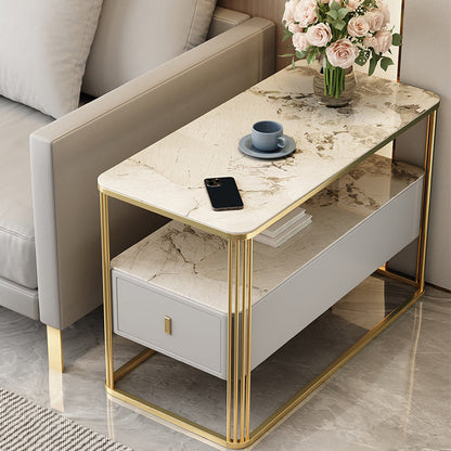 Modern Luxury Porcelain Slab Microfiber Leather Carbon Steel Rectangular Side Table With 2 Tiers And 1 Drawer For Living Room And Bedroom