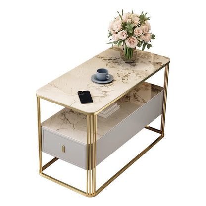 Modern Luxury Porcelain Slab Microfiber Leather Carbon Steel Rectangular Side Table With 2 Tiers And 1 Drawer For Living Room And Bedroom