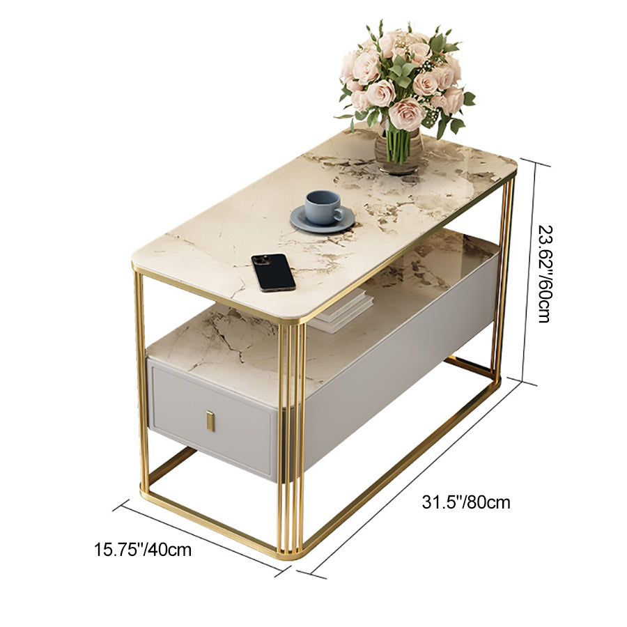 Modern Luxury Porcelain Slab Microfiber Leather Carbon Steel Rectangular Side Table With 2 Tiers And 1 Drawer For Living Room And Bedroom