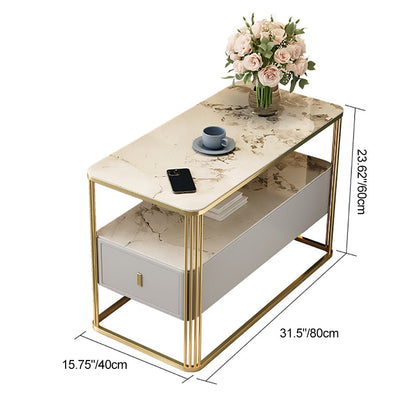 Modern Luxury Porcelain Slab Microfiber Leather Carbon Steel Rectangular Side Table With 2 Tiers And 1 Drawer For Living Room And Bedroom