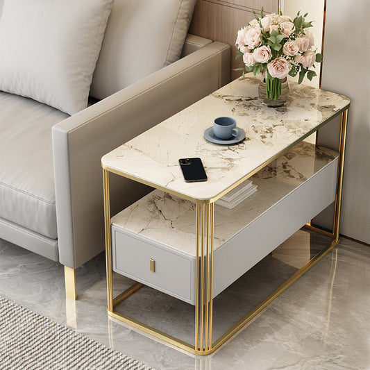 Modern Luxury Porcelain Slab Microfiber Leather Carbon Steel Rectangular Side Table With 2 Tiers And 1 Drawer For Living Room And Bedroom