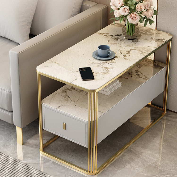 Modern Luxury Porcelain Slab Microfiber Leather Carbon Steel Rectangular Side Table With 2 Tiers And 1 Drawer For Living Room And Bedroom