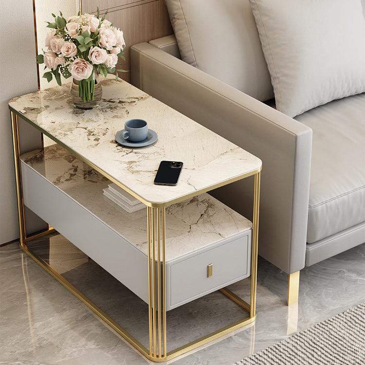 Modern Luxury Porcelain Slab Microfiber Leather Carbon Steel Rectangular Side Table With 2 Tiers And 1 Drawer For Living Room And Bedroom