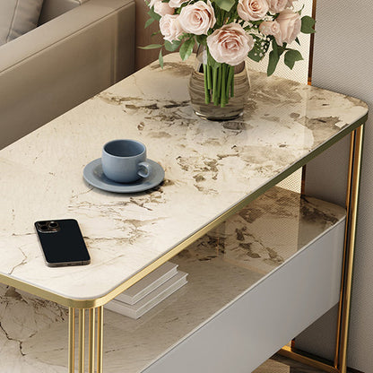 Modern Luxury Porcelain Slab Microfiber Leather Carbon Steel Rectangular Side Table With 2 Tiers And 1 Drawer For Living Room And Bedroom