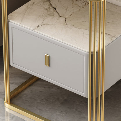 Modern Luxury Porcelain Slab Microfiber Leather Carbon Steel Rectangular Side Table With 2 Tiers And 1 Drawer For Living Room And Bedroom