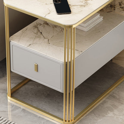 Modern Luxury Porcelain Slab Microfiber Leather Carbon Steel Rectangular Side Table With 2 Tiers And 1 Drawer For Living Room And Bedroom