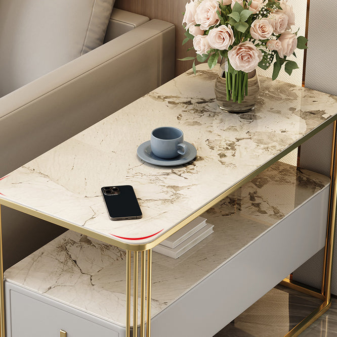 Modern Luxury Porcelain Slab Microfiber Leather Carbon Steel Rectangular Side Table With 2 Tiers And 1 Drawer For Living Room And Bedroom