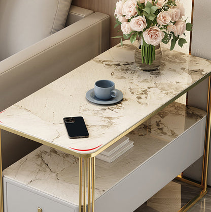 Modern Luxury Porcelain Slab Microfiber Leather Carbon Steel Rectangular Side Table With 2 Tiers And 1 Drawer For Living Room And Bedroom