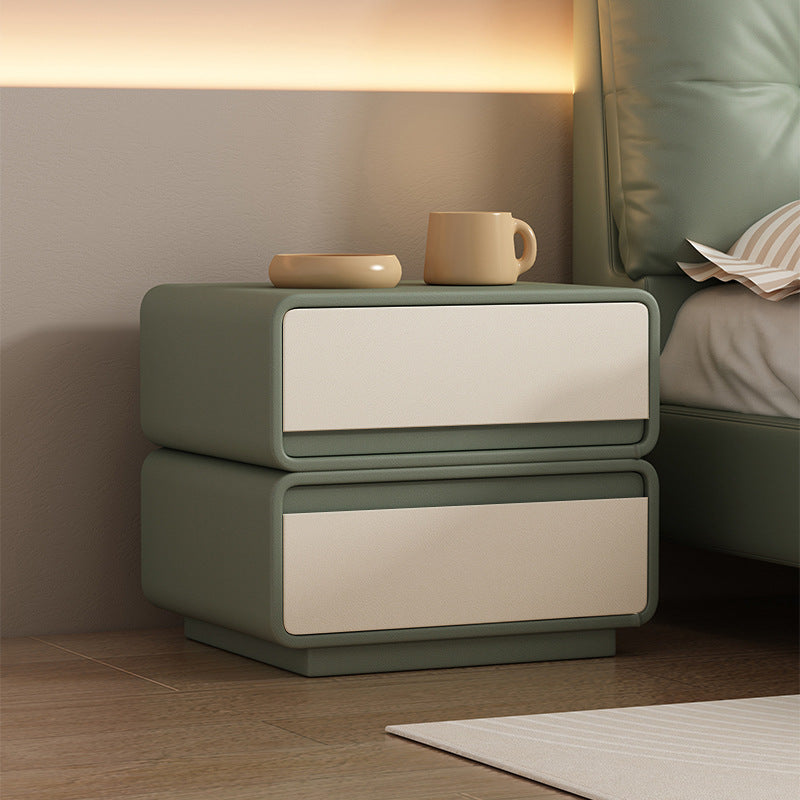 Modern Minimalist Solid Wood And Microfiber Leather Rectangular Nightstand 2 Drawers For Bedroom