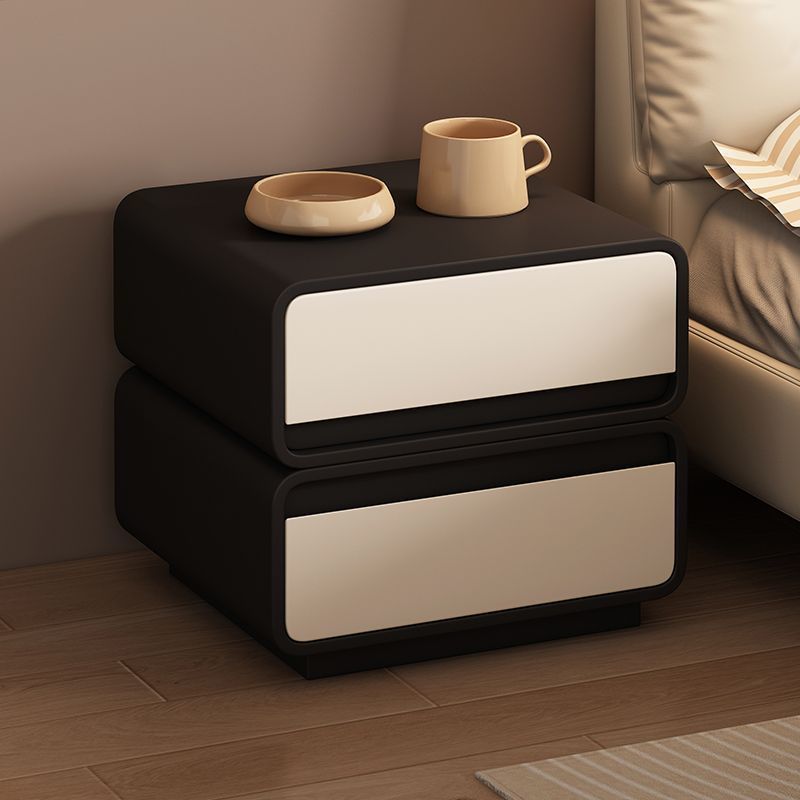 Modern Minimalist Solid Wood And Microfiber Leather Rectangular Nightstand 2 Drawers For Bedroom